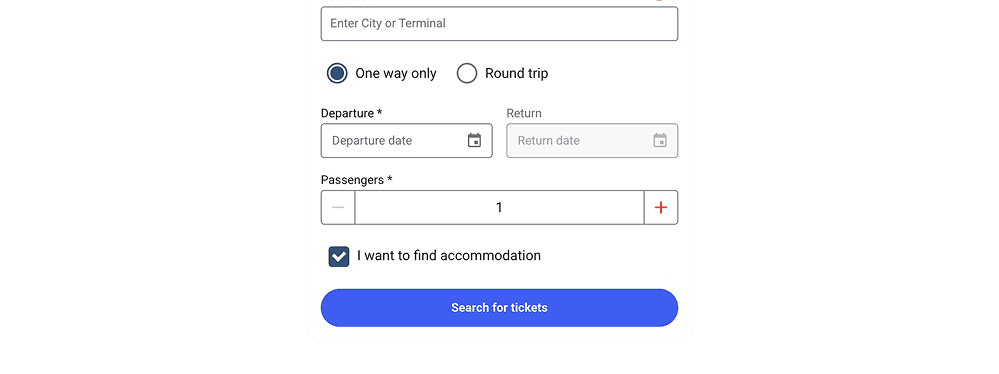 A partner transport search bar with the accommodation-search toggle enabled